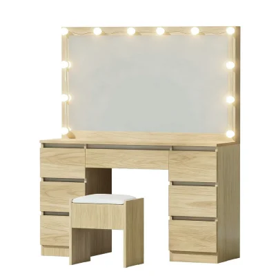 Artiss Dressing Table Vanity Set with LED Lights, Mirror & Stool – Wood Finish, 7 Drawers, 118x39x143cm, USB Powered
