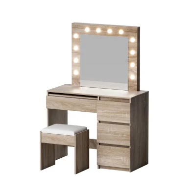 Artiss Hollywood Glam Dressing Table Set with 12 LED Bulbs, Wood Finish, Adjustable Lighting, Storage & PU Leather Stool