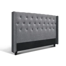 Artiss Luca King Size Bed Headboard - Grey Faux Linen, Winged Design, Tufted, Studded, High-Density Foam