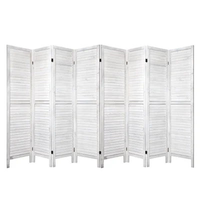 Artiss 8 Panel Room Divider Screen - 326x170cm White Louver, Solid Paulownia Wood, Eco-Friendly, Foldable & Waterproof