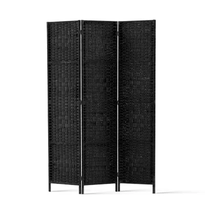 Artiss 3 Panel Room Divider 123x170cm, Woven Black, Eco-friendly Pine Wood, Foldable, Waterproof, Elegant Design
