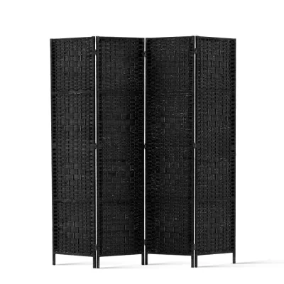 Artiss 4-Panel Room Divider, 163x170cm, Woven Black, Poplar Wood & Rolled Paper, Foldable, Water & Fade Resistant
