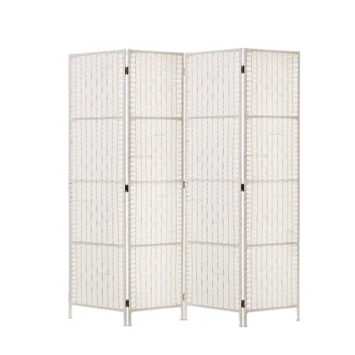 Artiss 4 Panel Room Divider Screen 163x170cm - White Woven Rattan Look, Poplar Wood, Foldable, Eco-Friendly Design