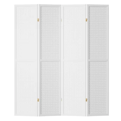 Artiss 4 Panel Room Divider Screen - 164x170cm, Pine Wood & MDF, White Pegboard Design, Foldable & Portable Divider