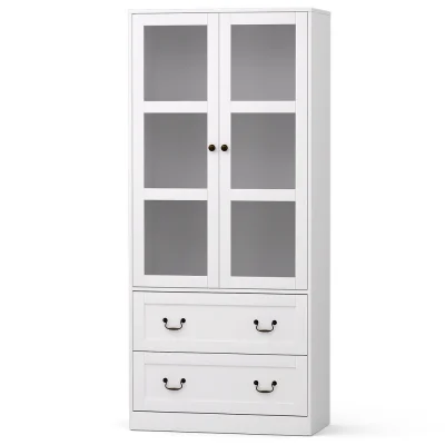 Artiss 180cm Buffet Sideboard Hutch - White Storage Cabinet with Glass Doors, Adjustable Shelves, Soft-Close Drawers