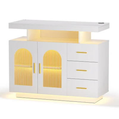 Artiss White Buffet Sideboard Cabinet with LED Lighting, Clear Doors, Gold Handles, E1 Particle Board, 100x40x80cm