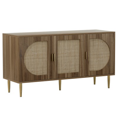 Artiss Anya Buffet Sideboard, MDF & Rattan, 120x40x64.5cm, Dark Oak - 3 Door Storage, Adjustable Shelves, Bohemian