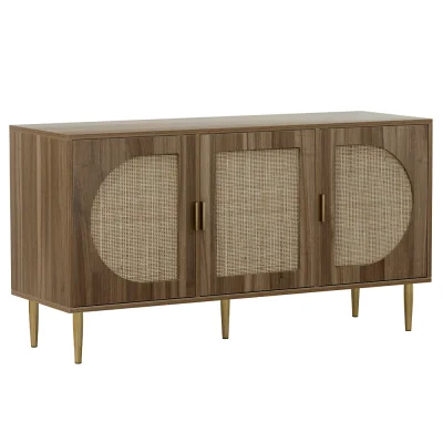 Artiss Anya Buffet Sideboard, MDF & Rattan, 120x40x64.5cm, Dark Oak - 3 Door Storage, Adjustable Shelves, Bohemian