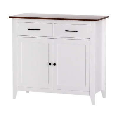 Artiss White Buffet Sideboard Storage Cabinet with Walnut-Top, 90cm, 2 Drawers, MDF Frame, Anti-Tip Kit, Easy Assembly
