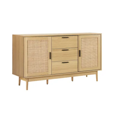 Artiss Rattan Buffet Sideboard, Real Rattan & Solid Wood Legs, 130x40x80cm, Oak Finish, Bohemian Style Storage Cabinet