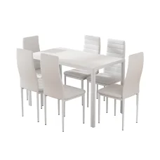 Artiss 7-Piece Modern Dining Set with 6 Chairs, White - 18mm MDF Tabletop, Powder-Coated Metal Frame, Easy Assembly
