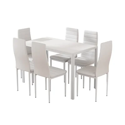 Artiss 7-Piece Modern Dining Set with 6 Chairs, White - 18mm MDF Tabletop, Powder-Coated Metal Frame, Easy Assembly