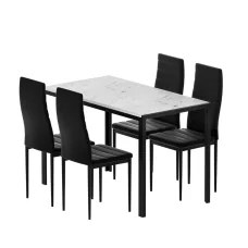 Artiss Marble-Effect Dining Set: 1 Table & 4 Chairs, 18mm MDF Top, Metal Legs, PVC Seats, Water-Resistant, Black & White