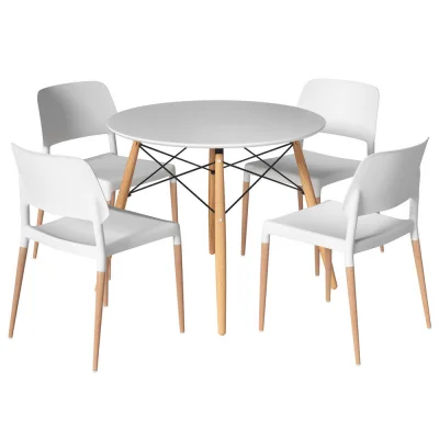 Artiss 5 Piece Dining Set – 100cm Round White Table with Solid Beech Wood Legs and 4 Modern White Chairs, MDF Top