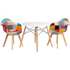 Artiss 3 Piece Dining Set – 90cm Round MDF Table with Solid Beech Wood Legs and 2 Fabric Chairs, Mid Century Style