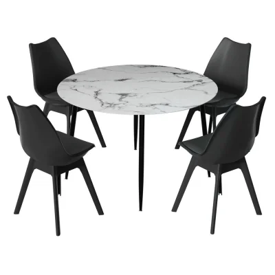 Artiss Marble Finish Dining Set: Round Table & 4 Black Chairs, Modern Design, Sturdy Metal Legs, Easy Assembly