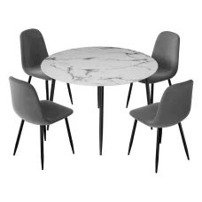 Artiss 5-Piece Dining Set, Round Marble Finish Table 110cm with 4 Velvet Grey Chairs, Metal Legs, Modern Style