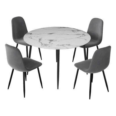 Artiss 5-Piece Dining Set, Round Marble Finish Table 110cm with 4 Velvet Grey Chairs, Metal Legs, Modern Style