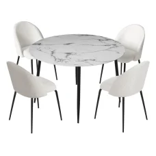 Artiss 5 Piece Dining Set – Marble White 110cm Round Table with Particle Board Top and 4 Sherpa Upholstered Chairs