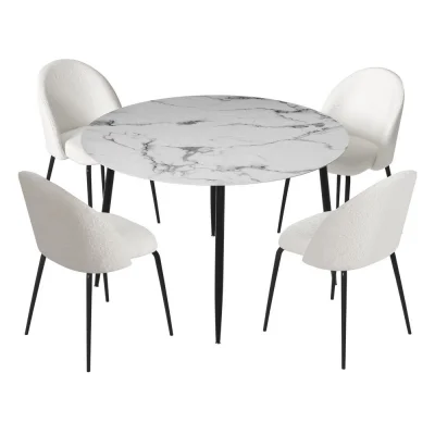 Artiss 5 Piece Dining Set – Marble White 110cm Round Table with Particle Board Top and 4 Sherpa Upholstered Chairs