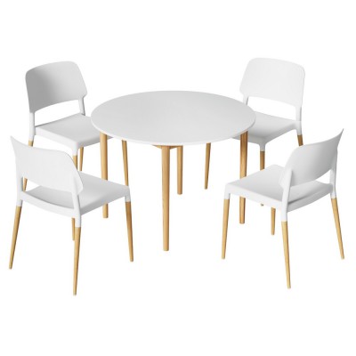 Artiss Demi 5-Piece Dining Table and Chairs Set, White Round MDF Tabletop, Pine Wood Legs, Seats 4, Nordic Style