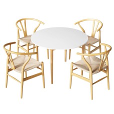 Artiss Demi 5-Piece Dining Set, Round 108cm Table with Pine Legs and 4 Wishbone Chairs, Nordic Wood, White/Natural
