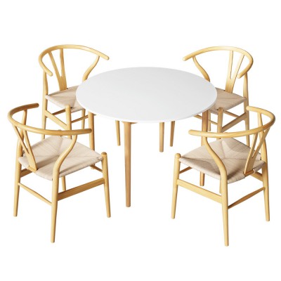 Artiss Demi 5-Piece Dining Set, Round 108cm Table with Pine Legs and 4 Wishbone Chairs, Nordic Wood, White/Natural