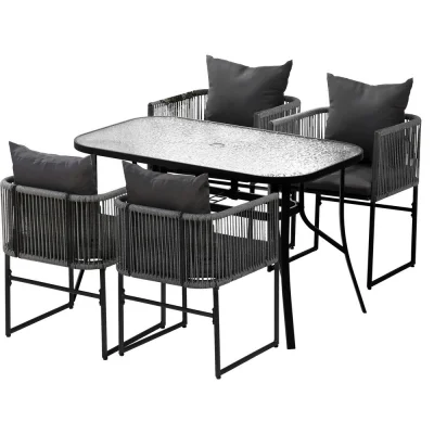 Gardeon 5-Piece Outdoor Dining Set: Black Steel Frame, Rope Chairs, Tempered Glass Table, UV & Weather Resistant