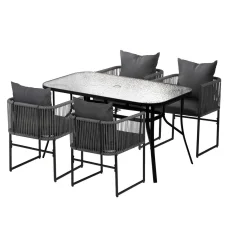 Gardeon 5PC Outdoor Mesh Dining Set - Black Steel Frame, Tempered Glass Table, UV-Resistant, Indoor/Outdoor Use