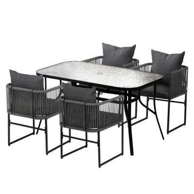Gardeon 5PC Outdoor Mesh Dining Set - Black Steel Frame, Tempered Glass Table, UV-Resistant, Indoor/Outdoor Use