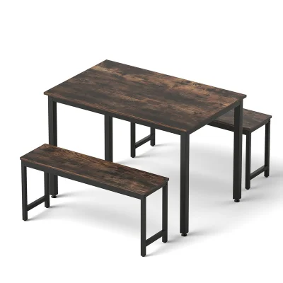 Artiss 3-Piece Dining Set: Dark Walnut Table & Benches with Metal Frame, Compact Space-Saving Design, Easy Assembly