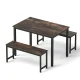 Artiss 3-Piece Dining Set: Dark Walnut Table & Benches with Metal Frame, Compact Space-Saving Design, Easy Assembly