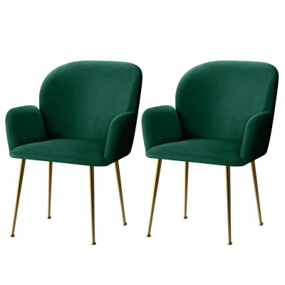 Artiss Dining Chairs Set of 2, Velvet Armchair, Green, 54x58x83cm, Luxurious Comfort, Sturdy Steel Legs, Easy Assembly