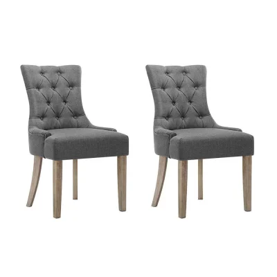 Artiss Cayes Dining Chairs Set of 2 - French Provincial Grey Linen, Tufted Button Design, 13cm Cushion, Rubber Wood Legs