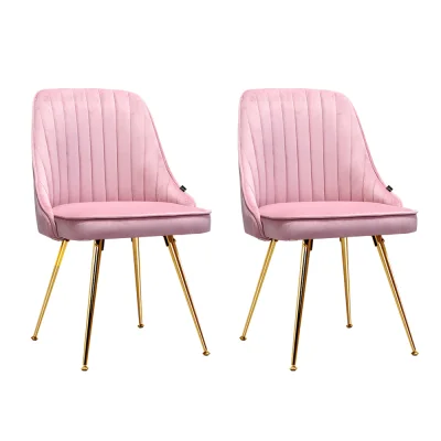Artiss Set of 2 Pink Velvet Dining Chairs, Channel Tufted, Gold Legs, 44x41x80cm, Elegant Design, High Comfort