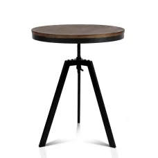 Artiss Adjustable Industrial Bar Table 67-86CM, Round Elm Wood Top, Steel Frame, Dark Brown/Black, Durable Design