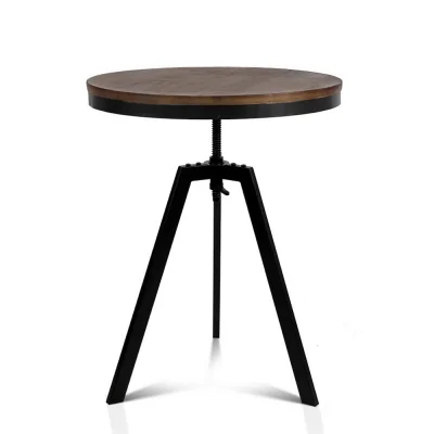 Artiss Adjustable Industrial Bar Table 67-86CM, Round Elm Wood Top, Steel Frame, Dark Brown/Black, Durable Design