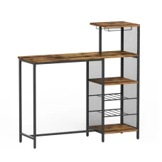 Artiss Industrial Bar Table 122cm Walnut with Wine Rack, Cup Holders, Multi-Level Storage, Metal Frame, MDF Top