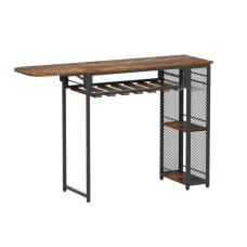 Artiss Industrial Bar Table 140cm Extendable, Wine Rack, Cup Holder, Walnut MDF Top, Metal Frame, Space-Saving Design