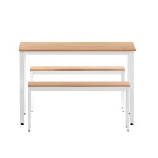 Artiss 3PCS Dining Table & Benches Set - Particle Board & Metal, 110x70cm, Natural/White, High Weight Capacity