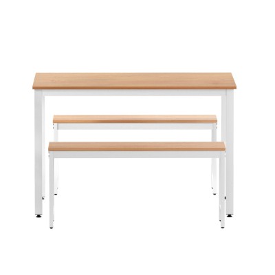 Artiss 3PCS Dining Table & Benches Set - Particle Board & Metal, 110x70cm, Natural/White, High Weight Capacity Artiss 3PCS Dining Table & Benches Set - Particle Board & Metal, 110x70cm, Natural/White, High Weight Capacity