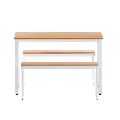 Artiss 3PCS Dining Table & Benches Set - Particle Board & Metal, 110x70cm, Natural/White, High Weight Capacity