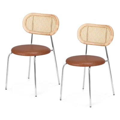 Artiss 2x Brown Dining Chairs - PU Leather Seat, Rattan Back, Ergonomic Design, Metal Legs, 49x50x83cm - Retro Charm Artiss 2x Brown Dining Chairs - PU Leather Seat, Rattan Back, Ergonomic Design, Metal Legs, 49x50x83cm - Retro Charm