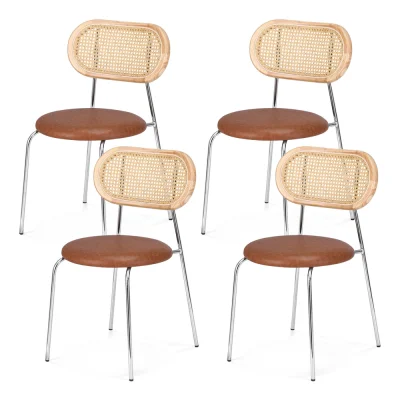 Artiss 4x Brown Dining Chairs - PU Leather Seat, Rattan Backrest, Metal Legs, 49x50x83cm, Retro Style, Easy Assembly Artiss 4x Brown Dining Chairs - PU Leather Seat, Rattan Backrest, Metal Legs, 49x50x83cm, Retro Style, Easy Assembly