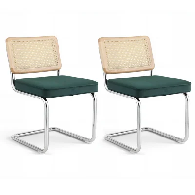 Artiss Set of 2 Velvet Rattan Dining Chairs, Cantilever Stainless Steel Frame, Green, 47x46x77cm, Modern Chic Design Artiss Set of 2 Velvet Rattan Dining Chairs, Cantilever Stainless Steel Frame, Green, 47x46x77cm, Modern Chic Design