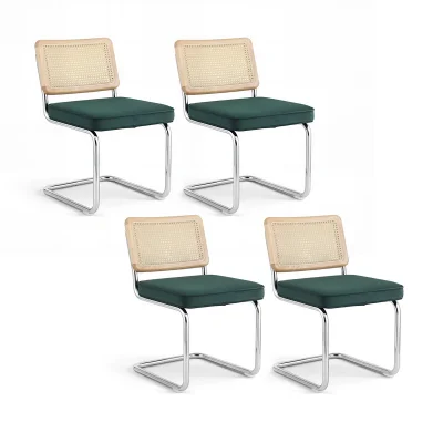 Artiss Set of 4 Green Velvet Rattan Dining Chairs – Cantilever Design, Stainless Steel Frame, Comfy Foam, Easy Assembly