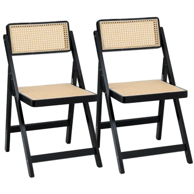 Artiss 2x Foldable Dining Chairs Black – Wooden Poplar Frame, Rattan-Style Seat, 150kg Capacity, No Assembly Required