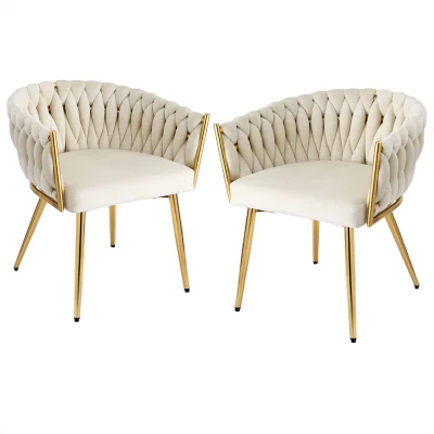Luxurious Artiss Set of 2 Velvet Dining Chairs, Beige, with Hand-Woven Backrest and Sturdy Steel Legs, 63x50x69cm