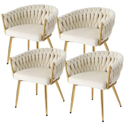 Artiss Set of 4 Velvet Dining Chairs - Beige, Solid Wood Frame, Steel Legs, 69cm, 150kg Capacity, Hand-Woven Backrest
