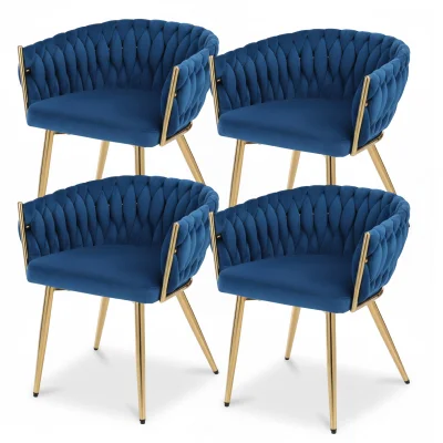 Artiss Set of 4 Velvet Dining Chairs - Blue - Hand-Woven Backrest, Solid Wood Frame, Steel Legs, 150kg Capacity